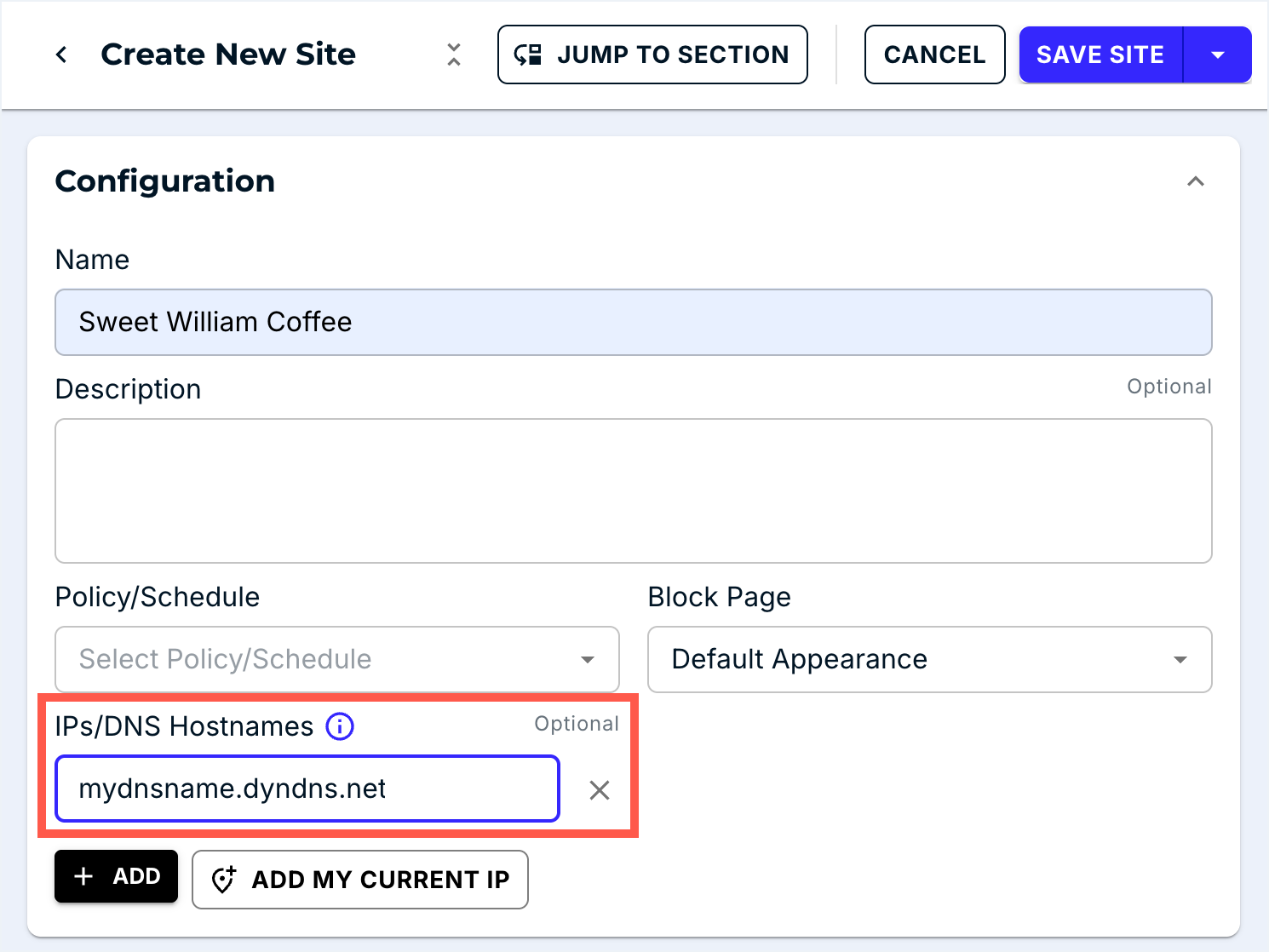 Add Site form populated with a Dynamic DNS hostname mydnsname.dyndns.net as the Site identifier.
