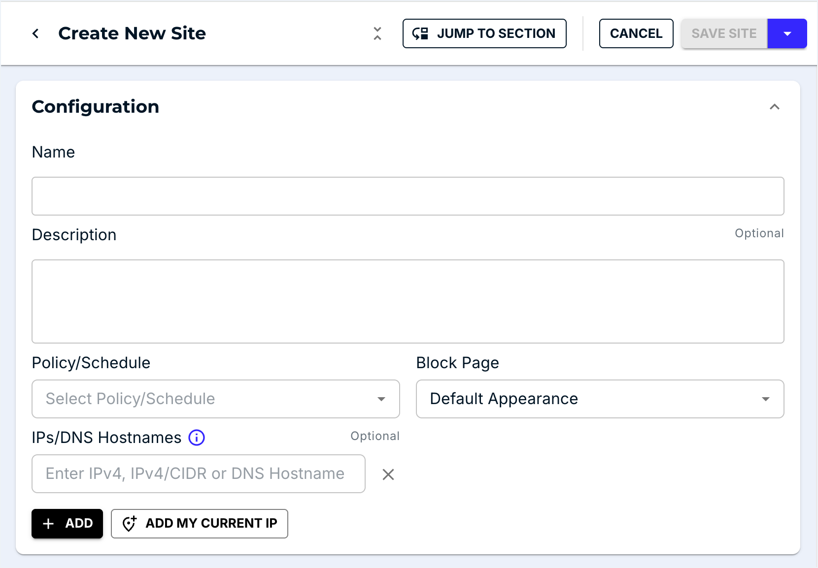 DNSFilter Add Site form fields: name, description, Filtering Policy, Filtering Schedule, identifier IPs.