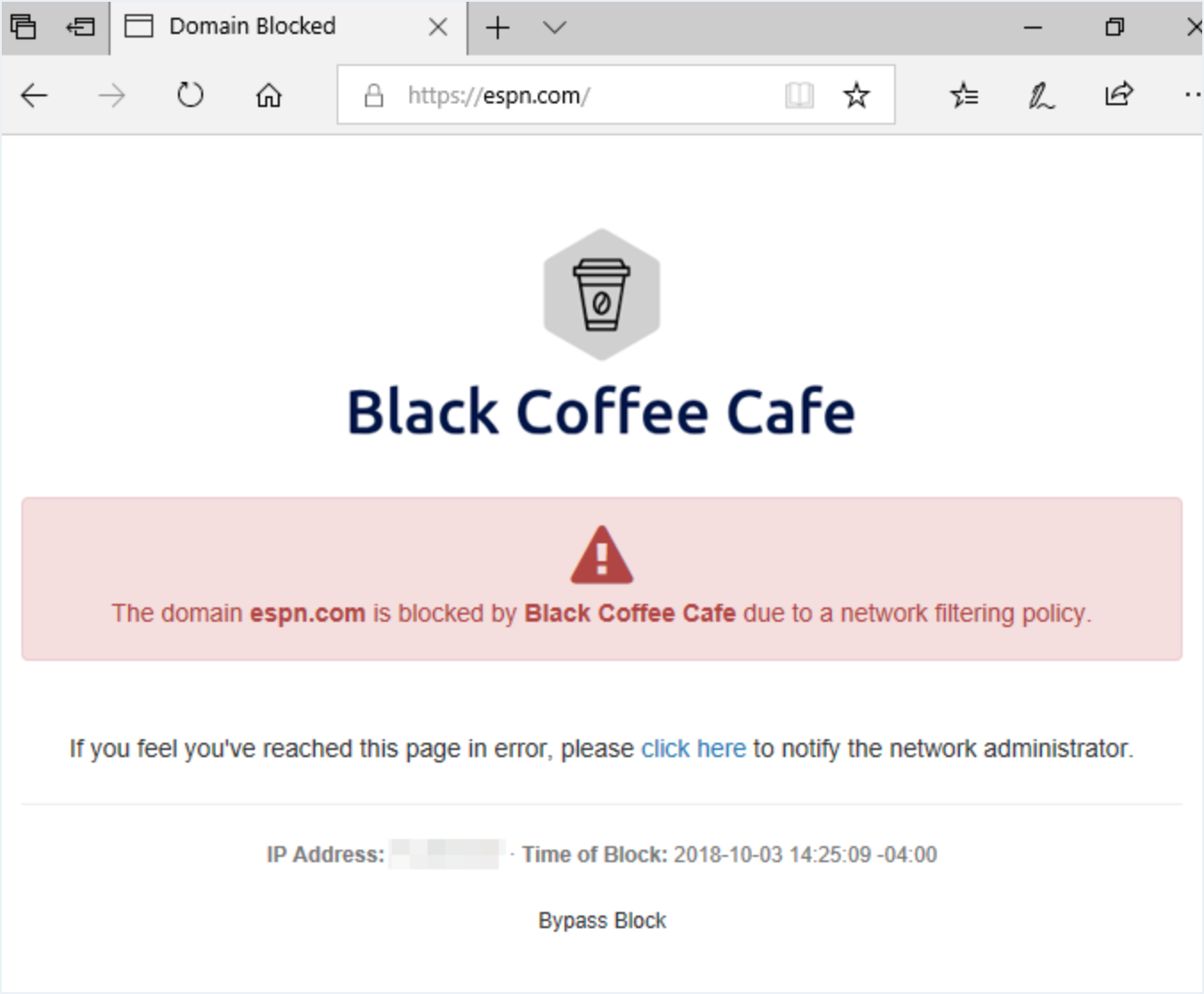 A configured DNSFilter hosted block page rendered for a blocked HTTPS request, showing org logo, block reason, the blocked domain, a notice email link, a policy and source IP line, and a UTC timestamp.