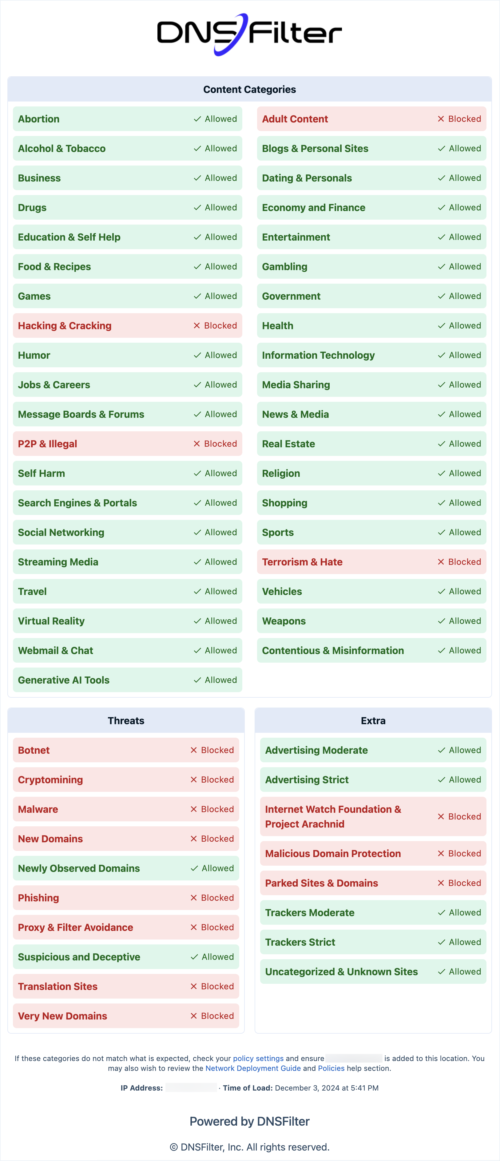 debug.dnsfilter.com page rendered through DNSFilter, listing each category and confirming the resolver path.