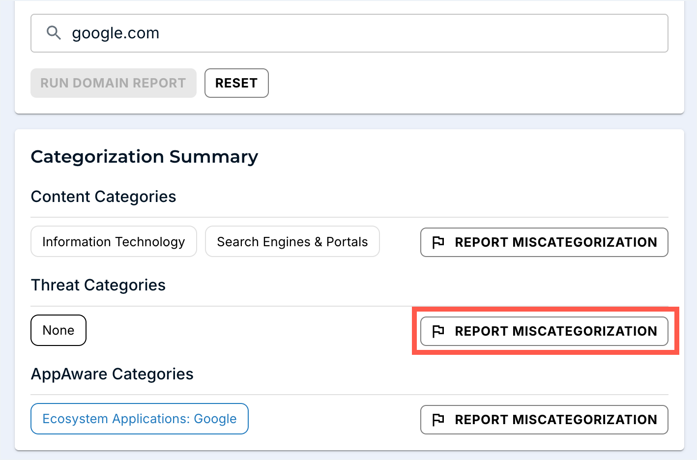 DNSFilter Domain Report Tool results page for a queried domain, showing the current classification and a REPORT MISCATEGORIZATION button.