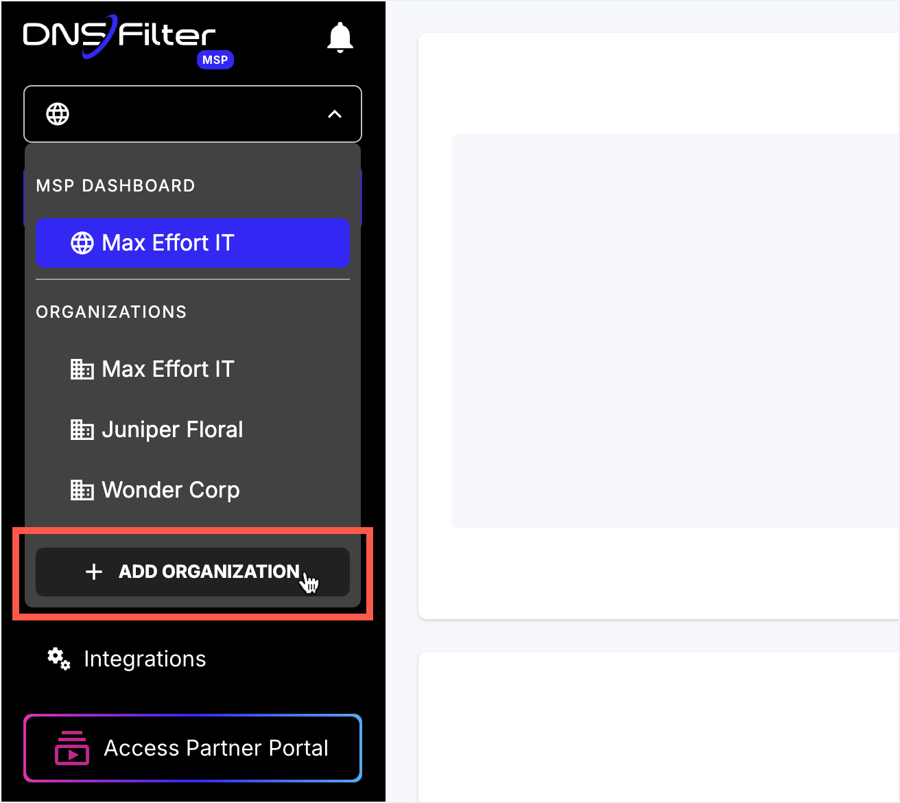 DNSFilter MSP dashboard with an Organizations sidebar listing sub-orgs, an Add Organization button, a globe icon at the top indicating MSP-wide context, a Find organization search bar, and a header confirming the current tenant scope.