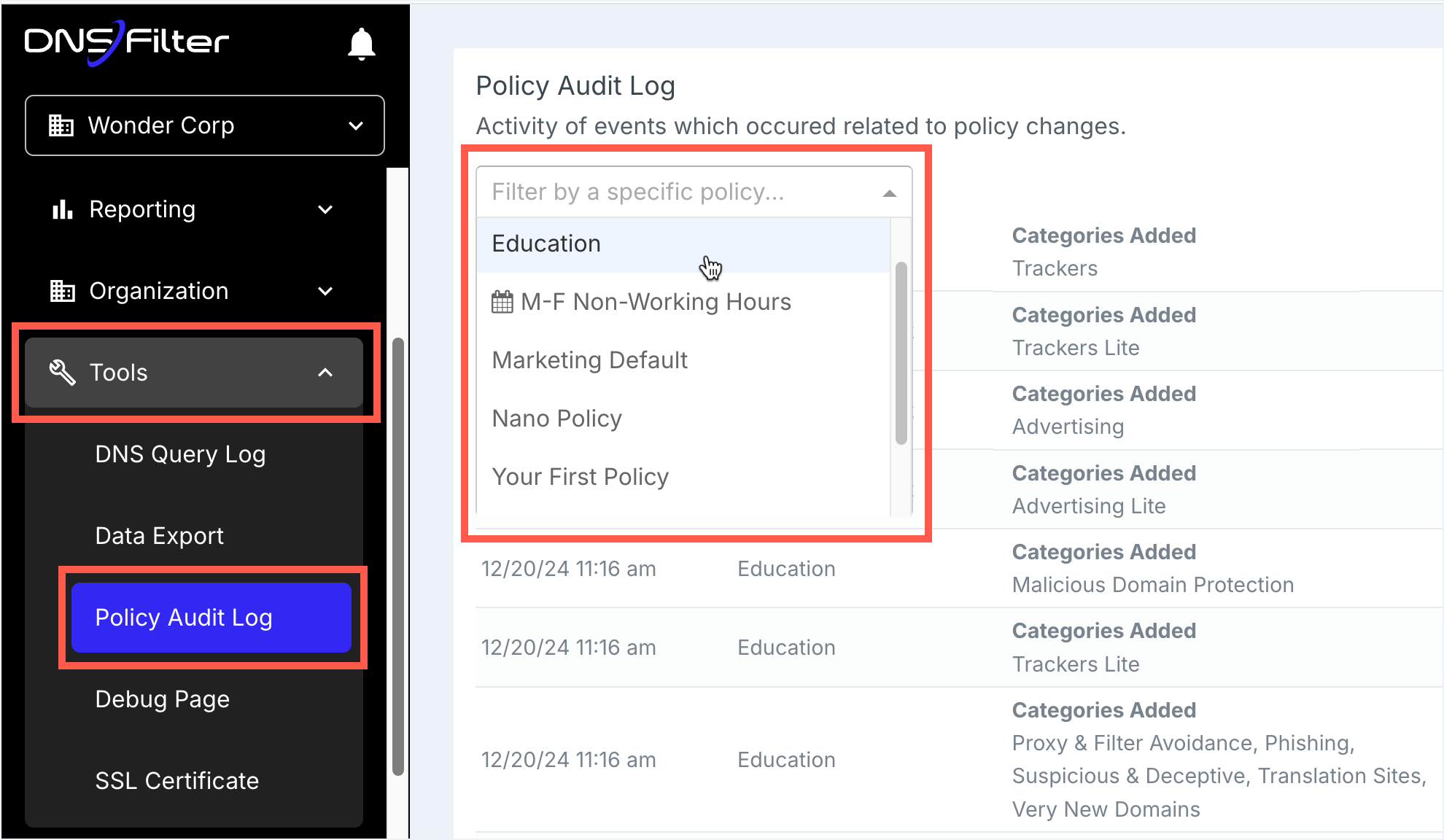 DNSFilter Policy Audit Log page showing timestamped entries with user, action, and policy columns; a filter dropdown in the toolbar narrows by event type.