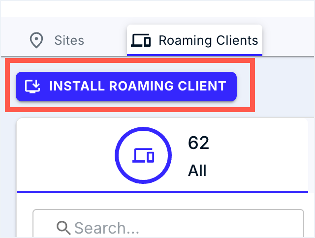 Roaming Clients tab with the INSTALL button at the top right; the table lists agents with hostname, version, and last-seen columns.