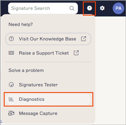 The Exclaimer portal Help menu showing Diagnostics, Signature Search, and Message Capture entries