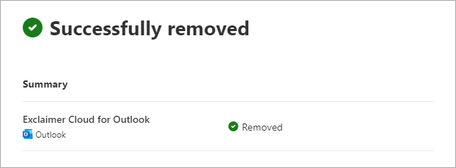 The Microsoft 365 Integrated apps page showing the Exclaimer add-in successfully removed