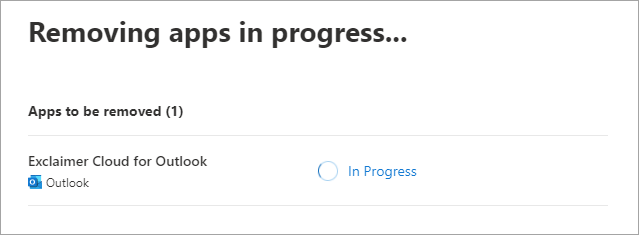 The Microsoft 365 Integrated apps page showing 'Removing apps in progress'