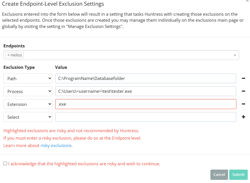 Create Endpoint-Level Exclusion Settings modal showing the Endpoints picker with Helios selected, three Exclusion Type rows for Path, Process and Extension, a risky-exclusion warning banner, and the acknowledgement checkbox above Submit