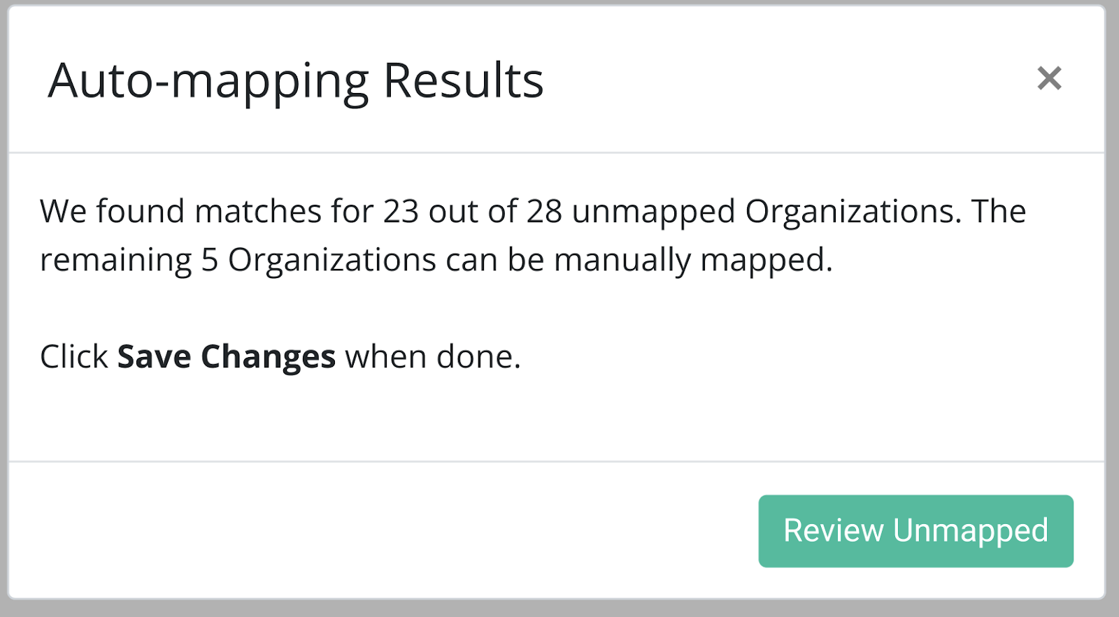 PSA Automatic Mapping results modal showing 23 of 28 unmapped Organizations matched with Huntress org and PSA customer columns and per-row status badges