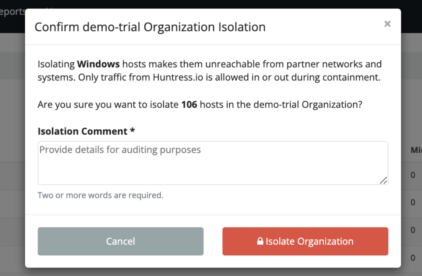 Bulk Host Isolation confirmation modal showing scope and impact