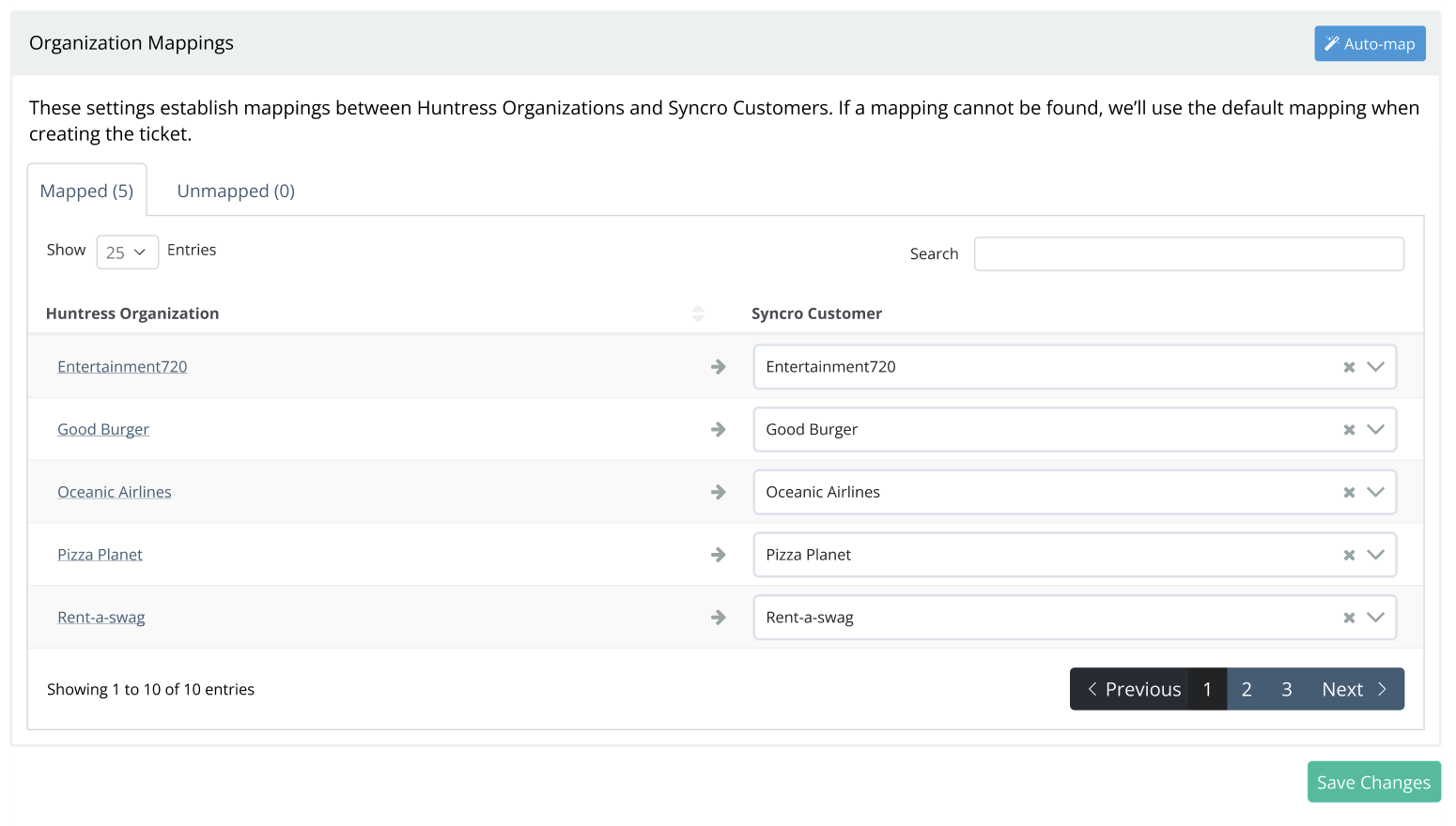 Organization Mappings table showing Huntress Organization paired to PSA customer