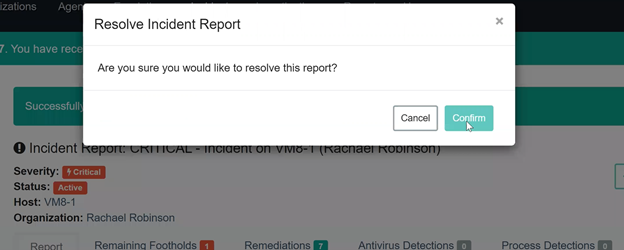 Huntress Resolve Incident Report modal