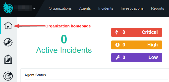 Huntress organisation homepage showing the org-name selector at the top-left, the Huntress logo, the left-side icon menu (home, aim, canaries, radar), and the Active Incidents counter with Critical/High/Low severity tiles.