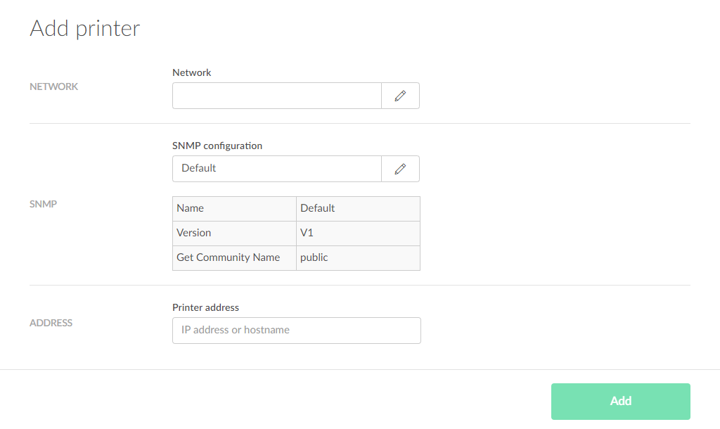 Printix Administrator Add printer dialog with fields for hostname or IP, location, and registered to network