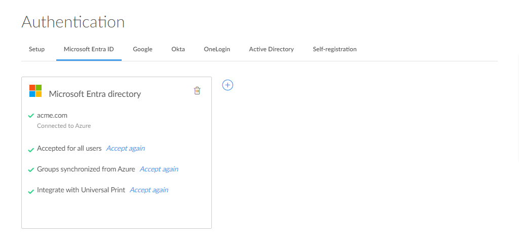 Printix Authentication page showing Universal Print integration accepted and connected