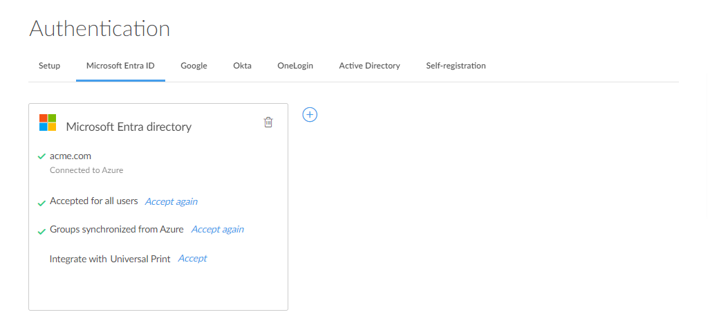 Printix Administrator Authentication page Microsoft Entra tab showing connected directory and group sync controls