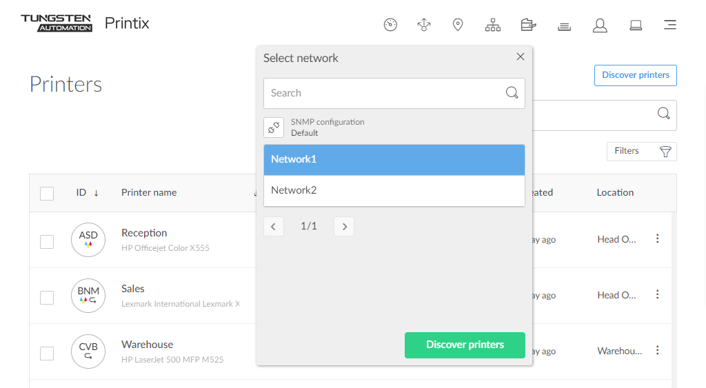Printix Administrator Discover printers UI showing a Network dropdown and a list of discovered printer candidates