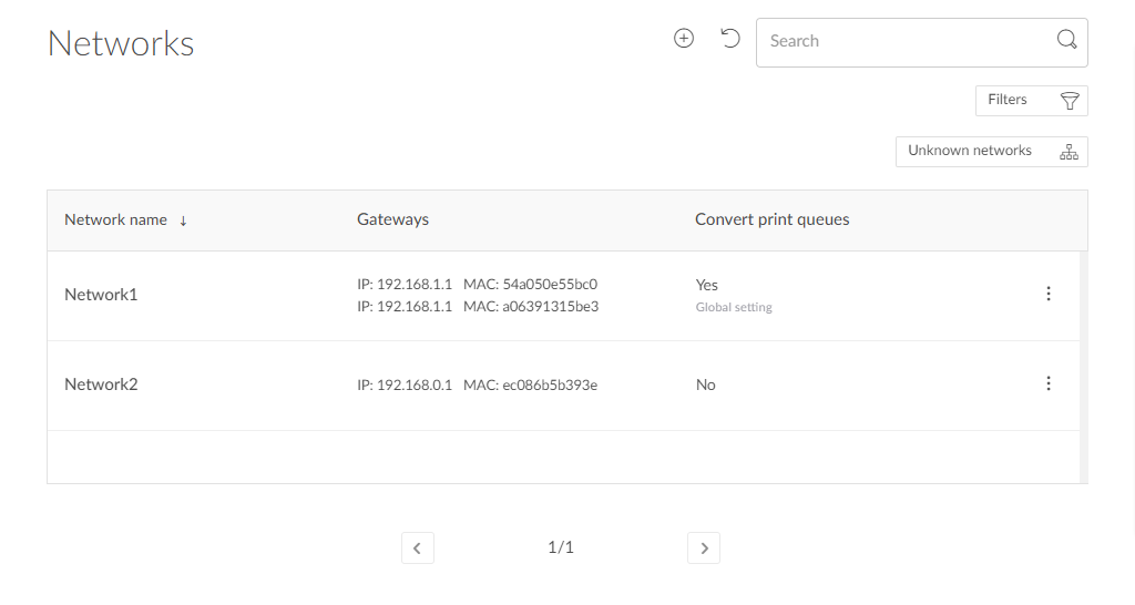 Printix Administrator Networks page with rows per network and a Convert print queues column