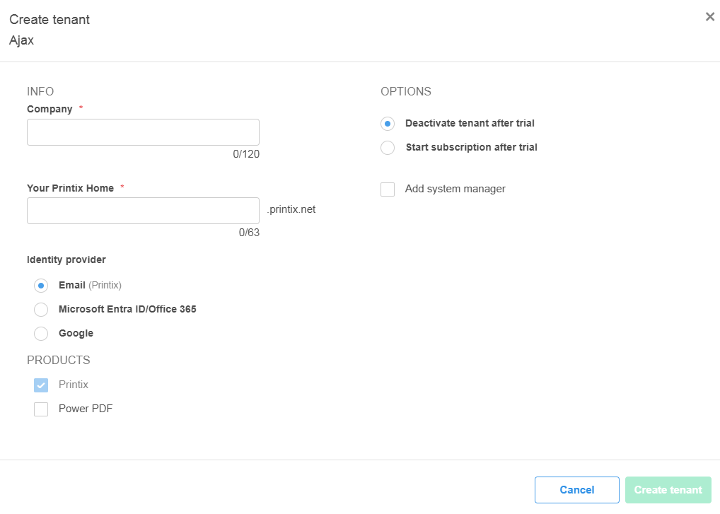 Printix Partner Portal Create tenant dialog with name, identity provider, and Printix Home subdomain fields