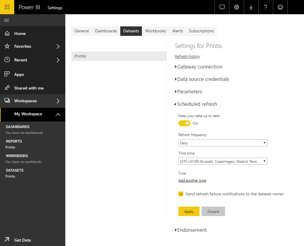 Power BI service Scheduled refresh settings page with refresh frequency, time zone, and refresh times