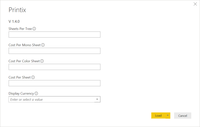 Power BI template setup screen showing cost variables: Sheets Per Tree, Cost Per Mono Sheet, Cost Per Color Sheet, Cost Per Sheet, Display Currency