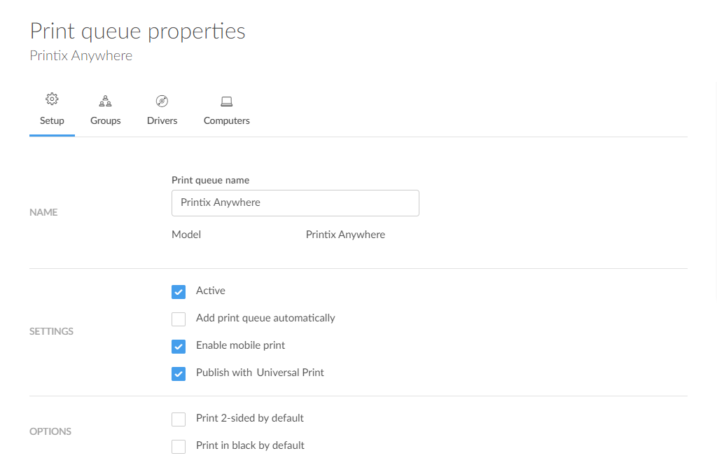 Printix print queue setup showing Print Anywhere with Universal Print integration enabled