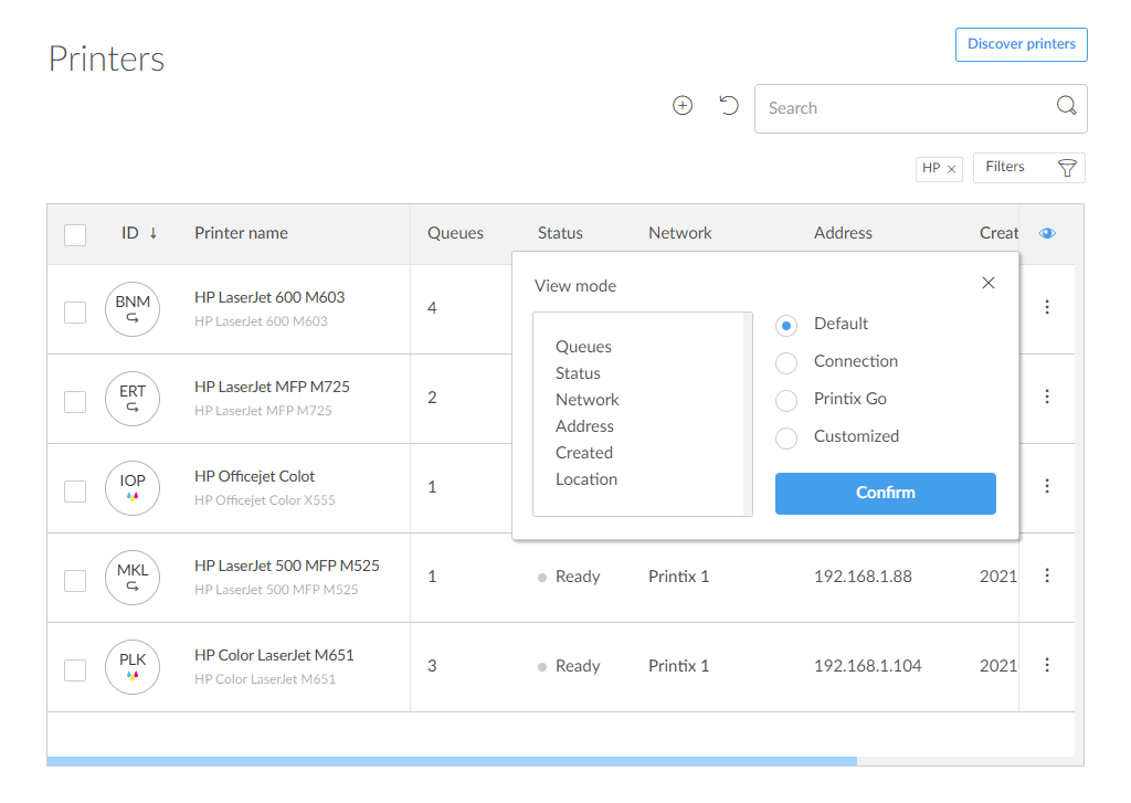 Printix Administrator Printers page showing a list of printers with three-letter IDs, names, status icons, network, and Printix Go state