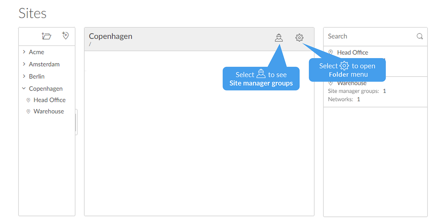 Printix Administrator Sites page showing a folder tree with country and site rows