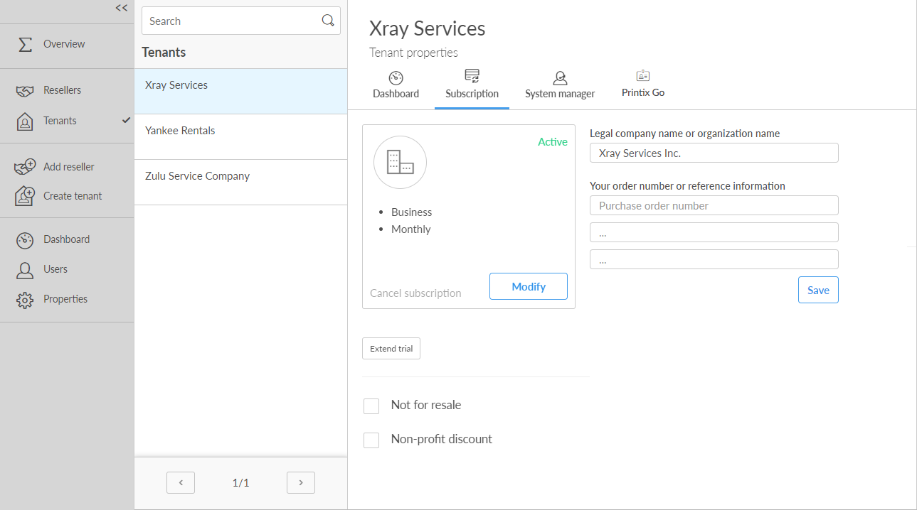 Printix Partner Portal tenant Subscription tab showing trial state, start subscription action, and billing fields