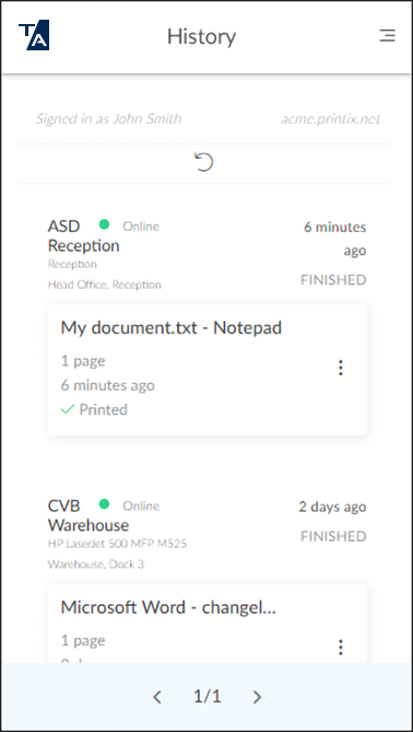 Printix App History page in a browser, listing recent printed documents with finished status, printer name, and location