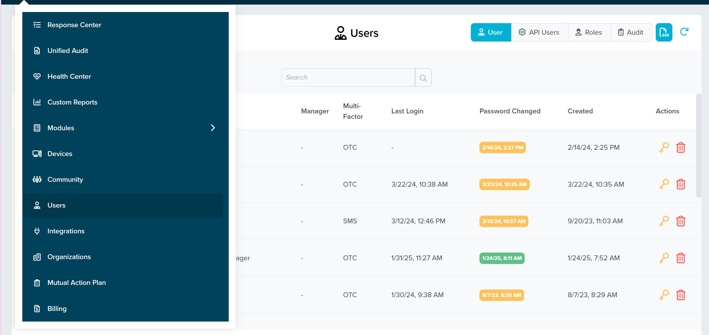ThreatLocker Portal sidebar showing Response Center, Unified Audit, Health Center, Custom Reports, Modules, Devices, Community, Users, Integrations, Organizations, Mutual Action Plan, Billing