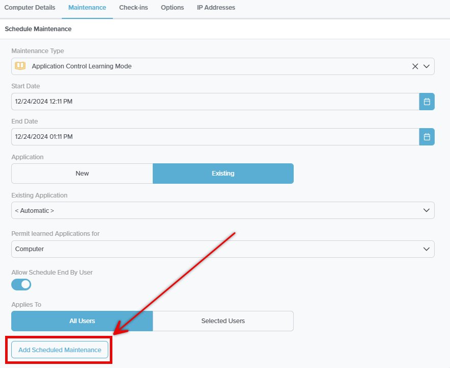 Schedule Maintenance dialog with Maintenance Type set to Application Control Learning Mode, Start and End Date pickers, Application set to Existing Automatic, Permit learned Applications for: Computer dropdown, Allow Schedule End By User toggle, and Applies To: All Users selected