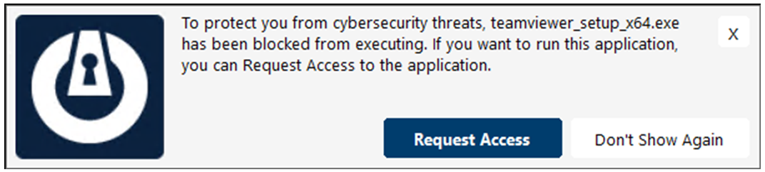 ThreatLocker tray dialog: a cybersecurity threats banner naming teamviewer_setup_x64.exe, a Request Access button, and a Don't Show Again button