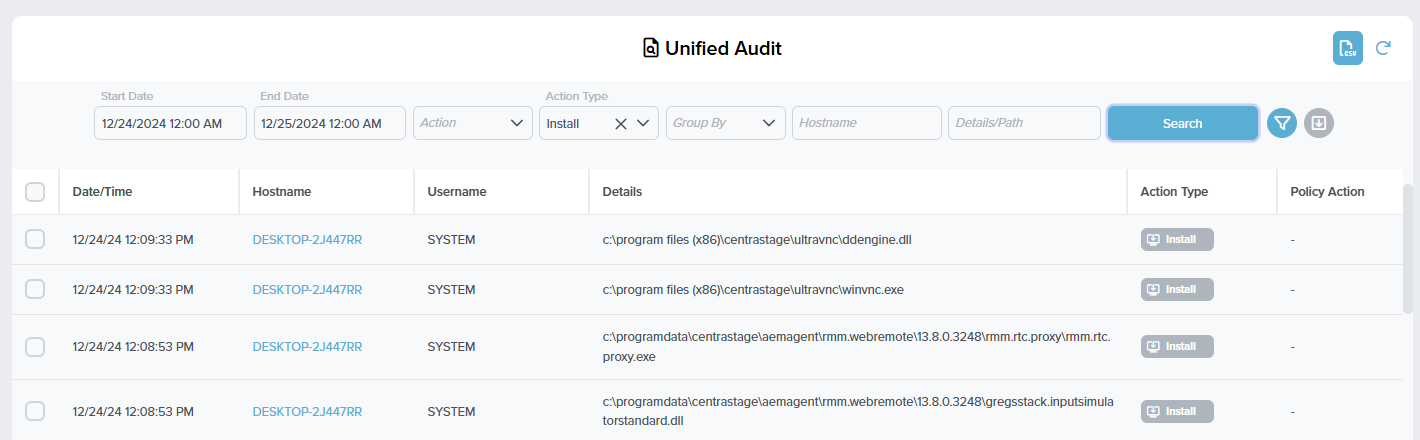 Unified Audit page with Start Date and End Date pickers, Action and Action Type dropdowns, Group By, Hostname and Details/Path text fields, a Search button, and a results table with Date/Time, Hostname, Username, Details, Action Type, and Policy Action columns